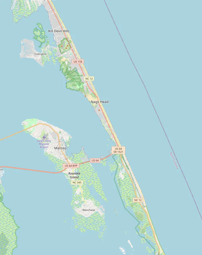 Map of the hotel and selected nearby places: Outer Banks Motor Lodge; Wright Brothers National Memorial, Jockey’s Ridge State Park, Jennette’s Pier, Bodie Island Lighthouse